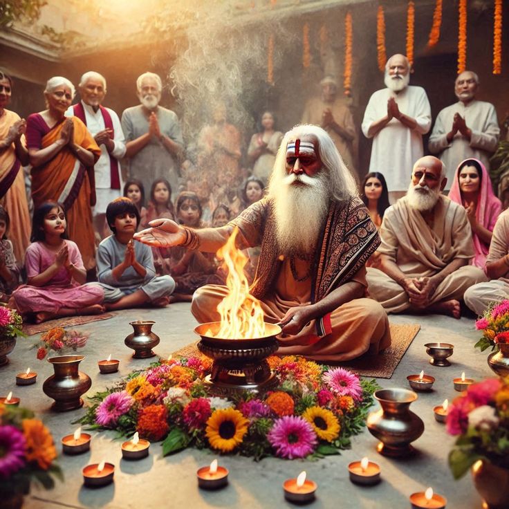 A sage performing a fire ritual (havan) under a starry sky, with smoke forming divine symbols_ Image generate A sage performing a fire ritual (havan) under a starry sky, with smoke forming divine symbols_ Image generate